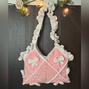 Medium sized, Pink and White Crochet Bag with Bows, with lining inside.